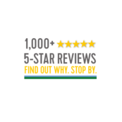 Over 1,000 five-star reviews displayed with bold '5-STAR REVIEWS' text and yellow 'FIND OUT WHY. STOP BY.' plus a green underline.