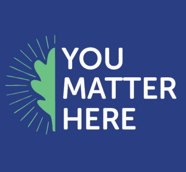 You Matter Here next to half green leaf with rays on dark blue background