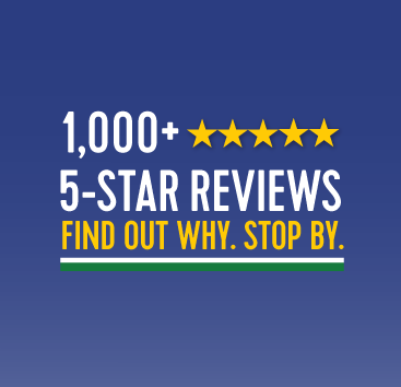 Marketing banner announcing '1,000+ 5-STAR REVIEWS' with a call to action: 'Find out why. Stop by.' underneath a colored underline.